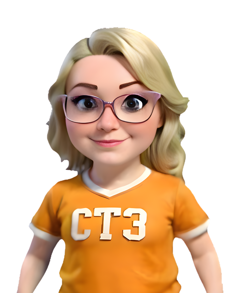 Blonde avatar wearing glasses and an orange