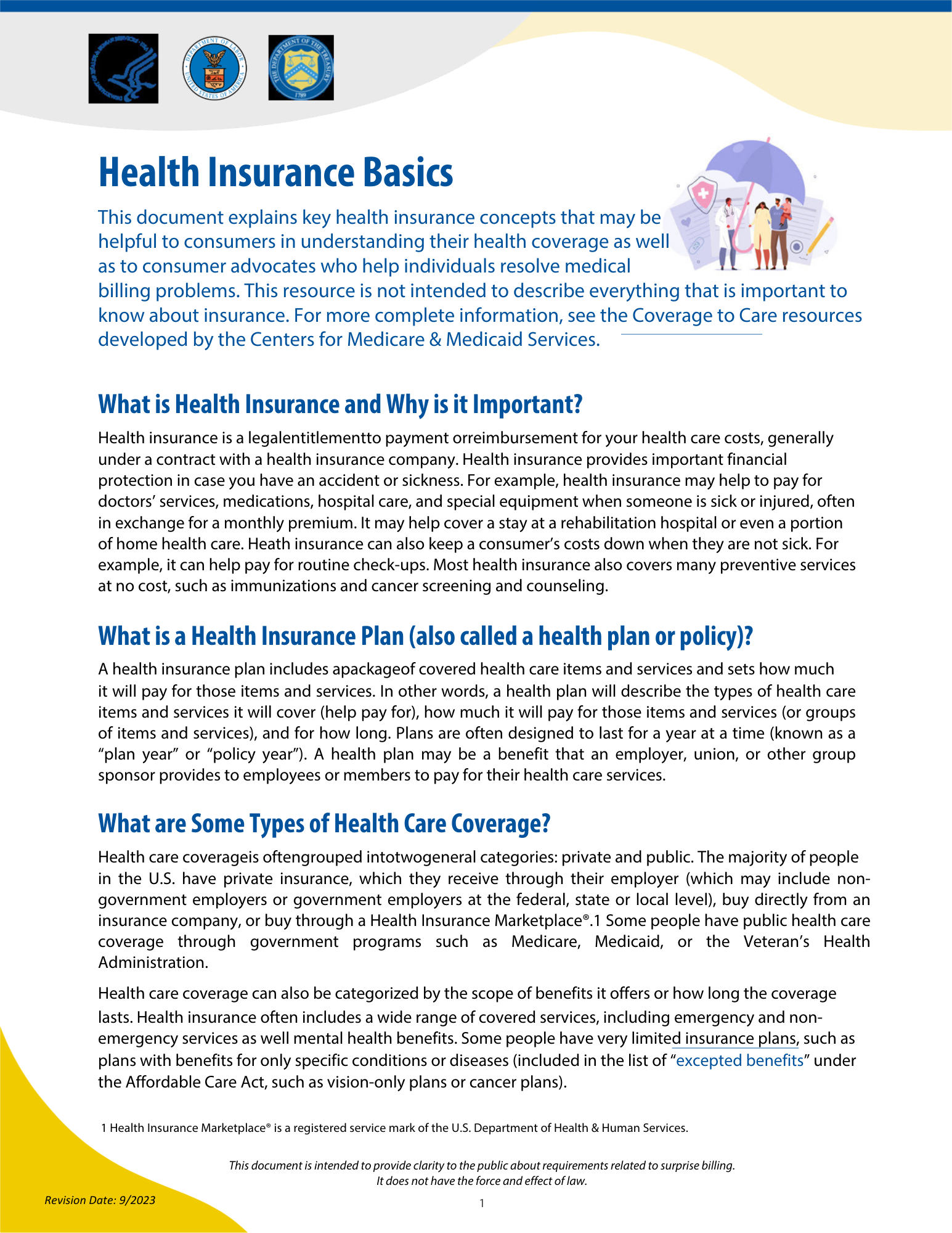Health Insurance Basics document with cartoon illustrations and text.