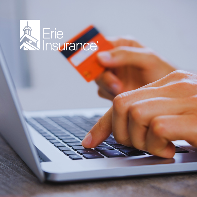 Person paying online with credit card on a laptop; Erie Insurance logo in the corner.
