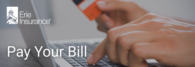 Person paying bill online with credit card on a laptop; Erie Insurance ad.