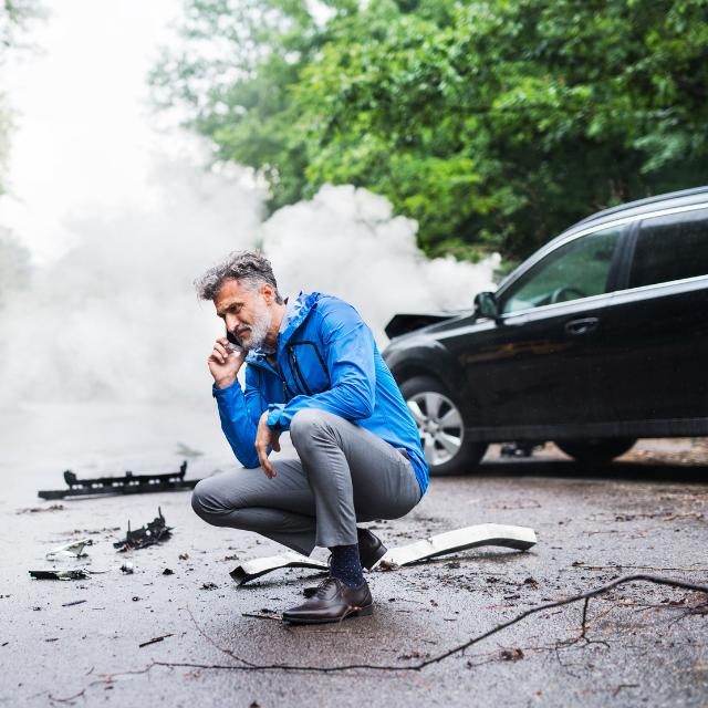 Man crouches on road, talking on phone, damaged car in background with smoke.