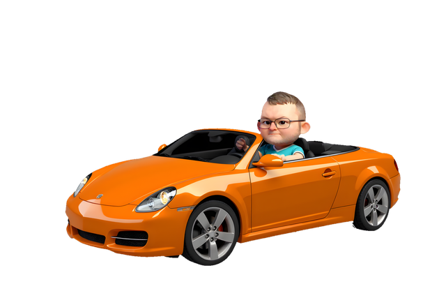 Cartoon person with glasses driving an orange convertible.
