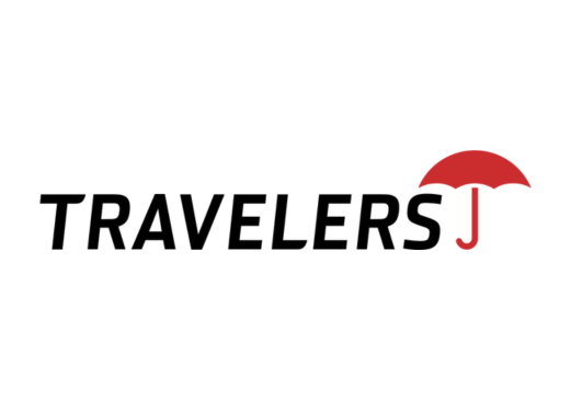 Travelers Insurance logo: Black text with a red umbrella icon.