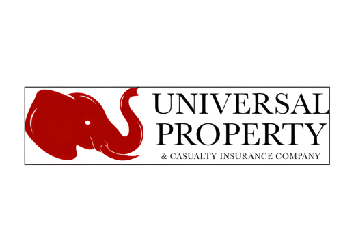 Logo for Universal Property, red elephant head with raised trunk, text: 
