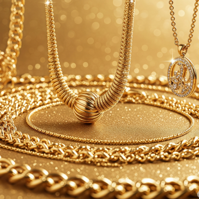Golden necklaces and chains on a gold surface, with a pendant featuring a jeweled design.