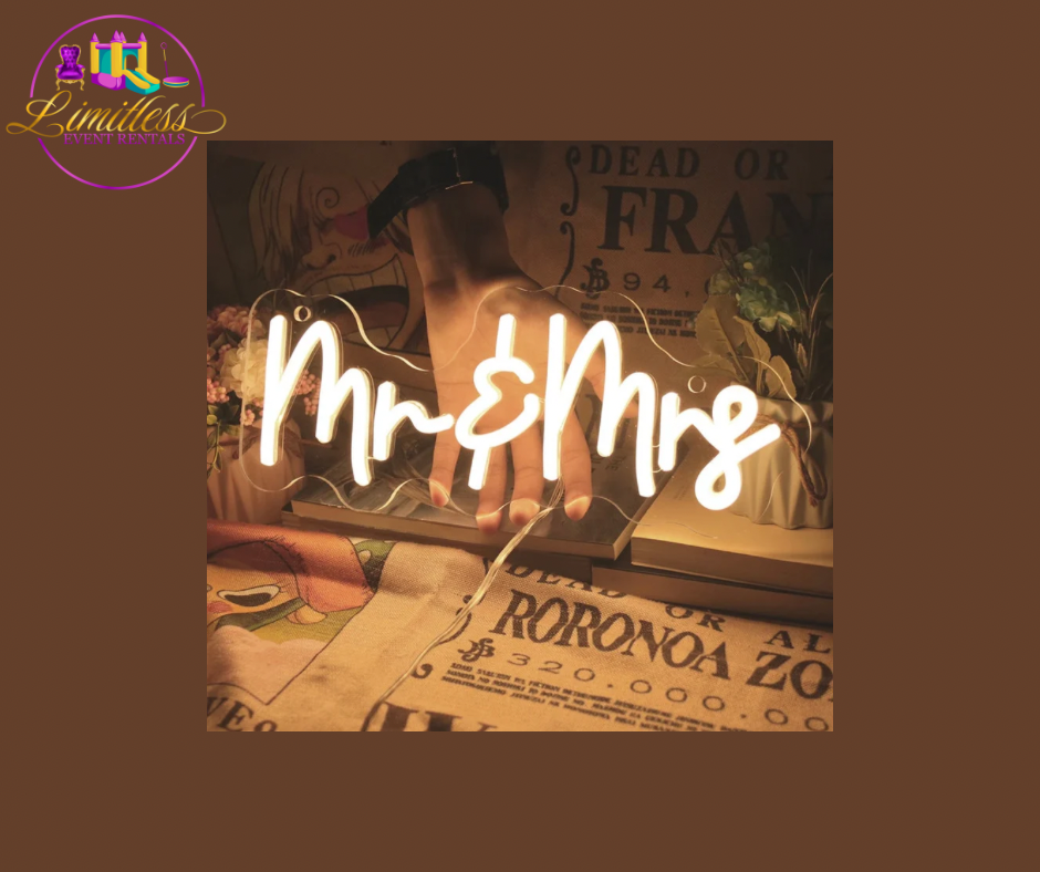 A mr. and mrs. sign is sitting on a table next to a mirror.