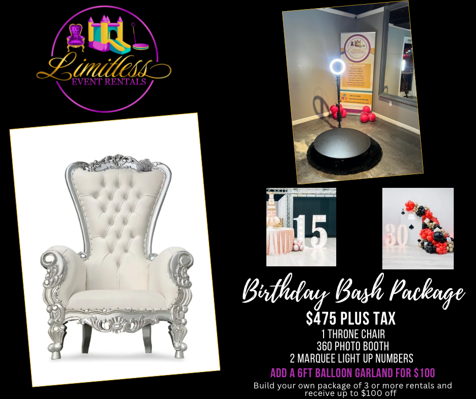 A baby shower package with a throne , chairs , balloons , and a table.