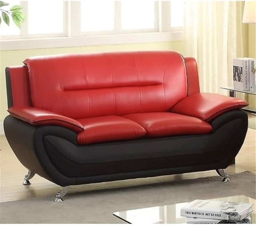 A red and black leather couch in a living room