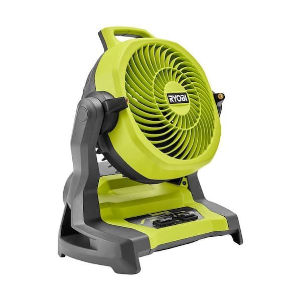 A ryobi fan is sitting on a white surface
