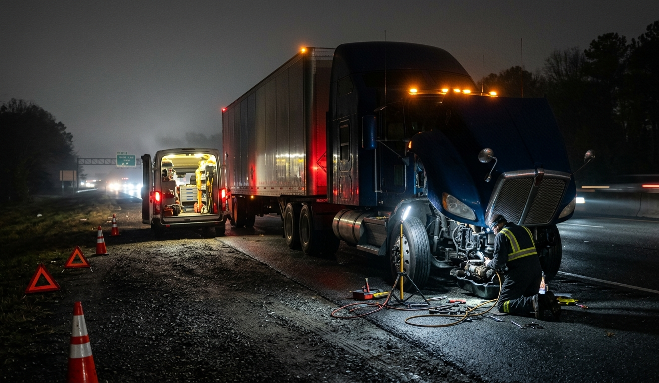 Tow truck and semi truck at night on a wet highway, with emergency lights and traffic cones marking the scene