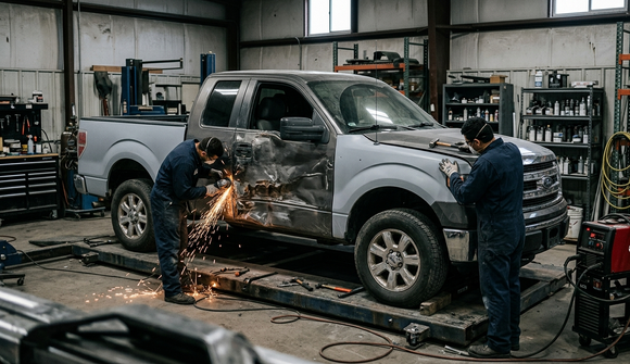 Two mechanics repairing a silver pickup truck in a garage, one welding with sparks flying.