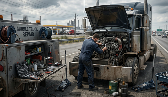 Mechanic repairing a truck engine beside a mobile field repair trailer on a rainy roadside