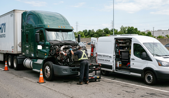 Green semi-truck and white van with open sides after a crash, parked on roadside cones.