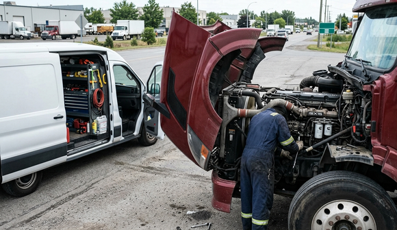 Tow truck and van at roadside; mechanic inspects a red truck with its hood open after a breakdown