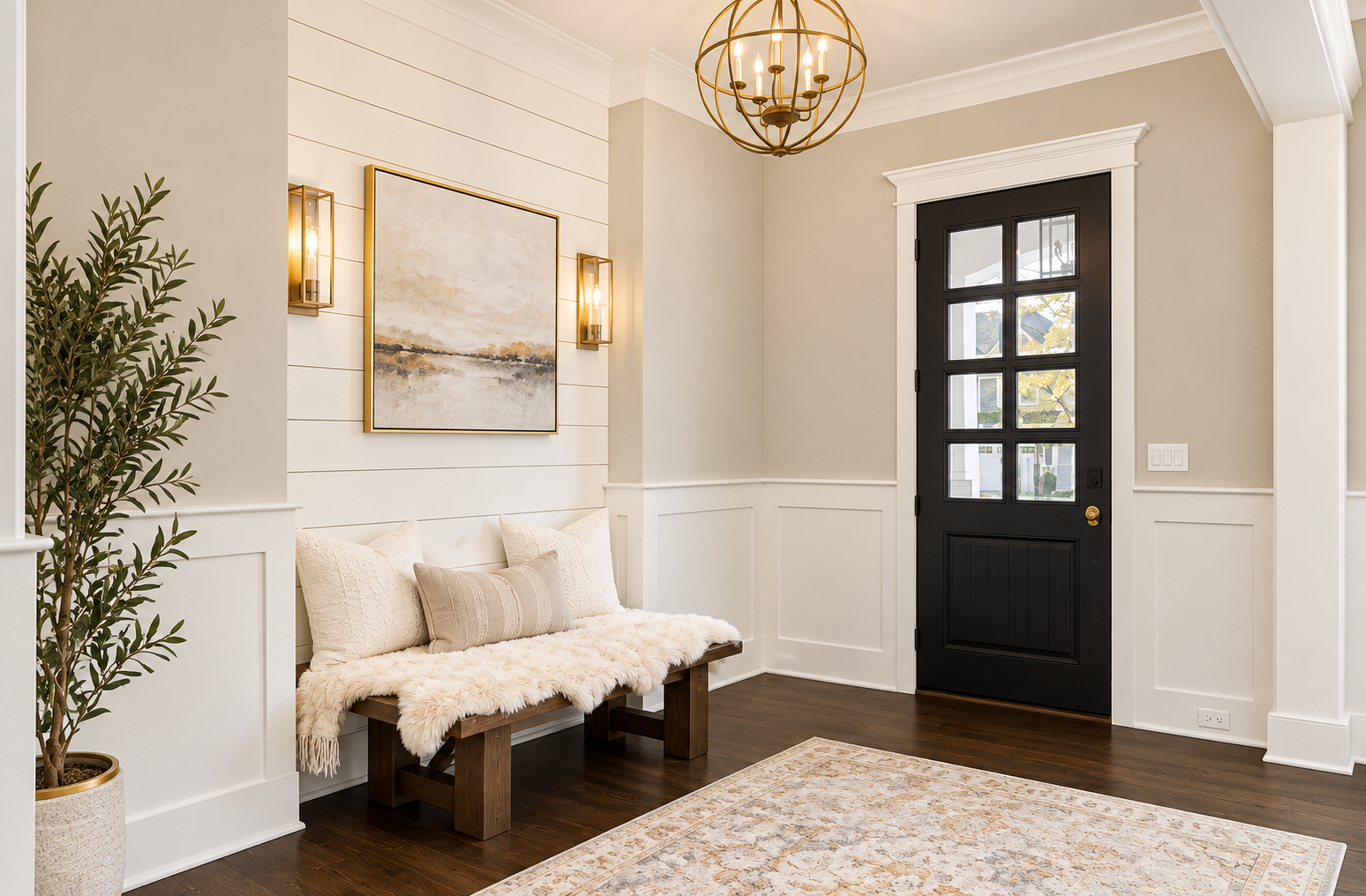 Elegant foyer with black front door, white wainscoting, bench, rug, and gold chandelier.