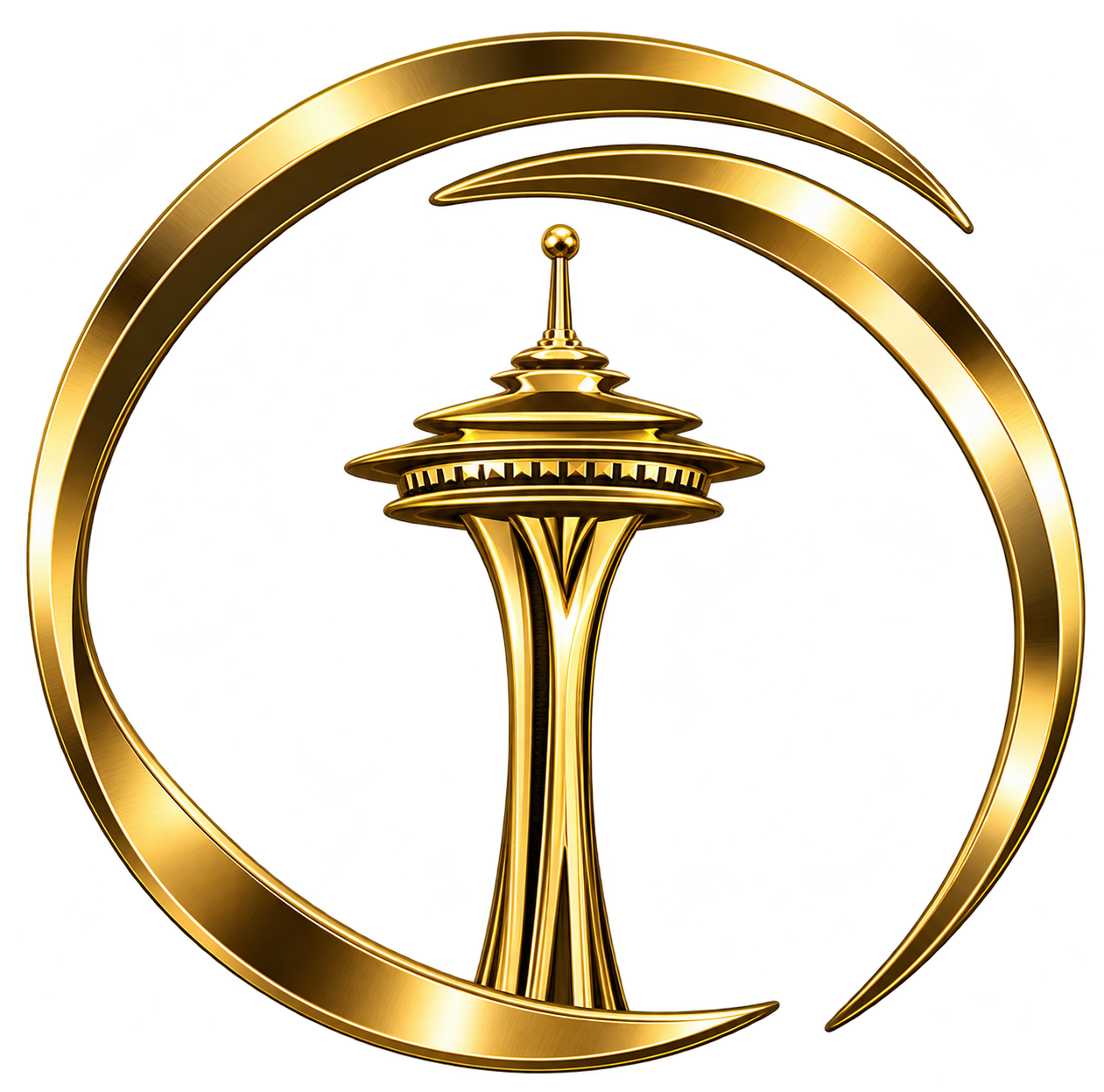 Gold Seattle Space Needle logo inside a circular ring on a white background