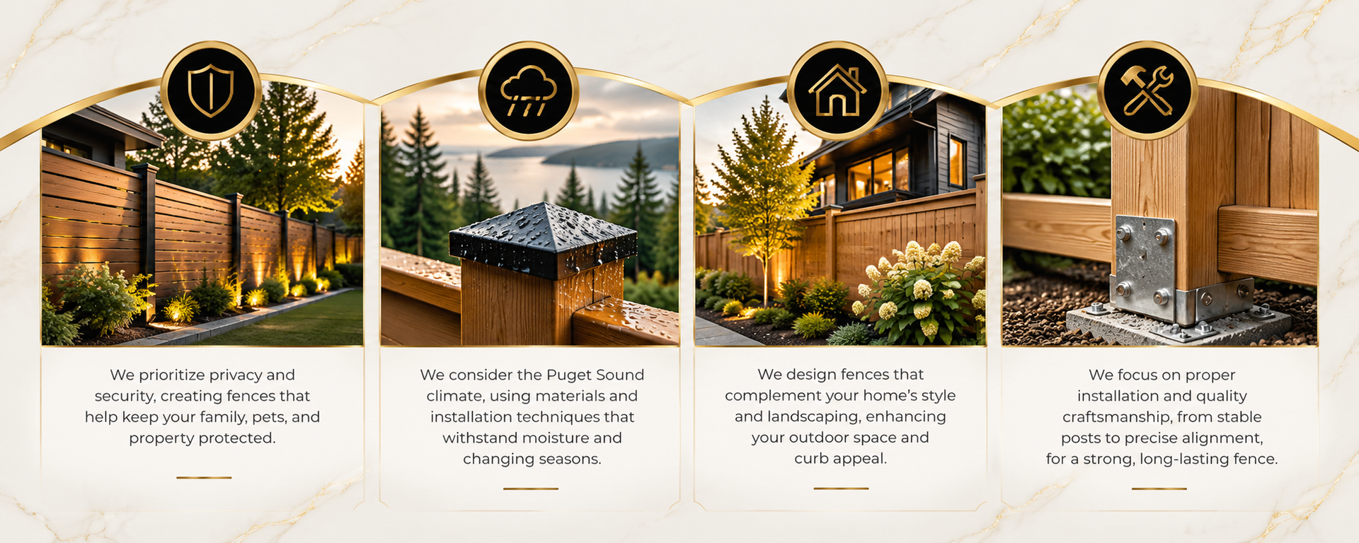 Four-panel gold-and-beige architectural infographic showing a modern outdoor patio, deck, pergola, and stone entryway