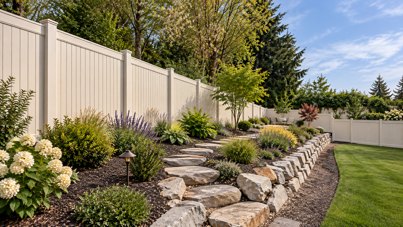 Curved stone retaining wall with shrubs and flowers beside a white fence and green lawn