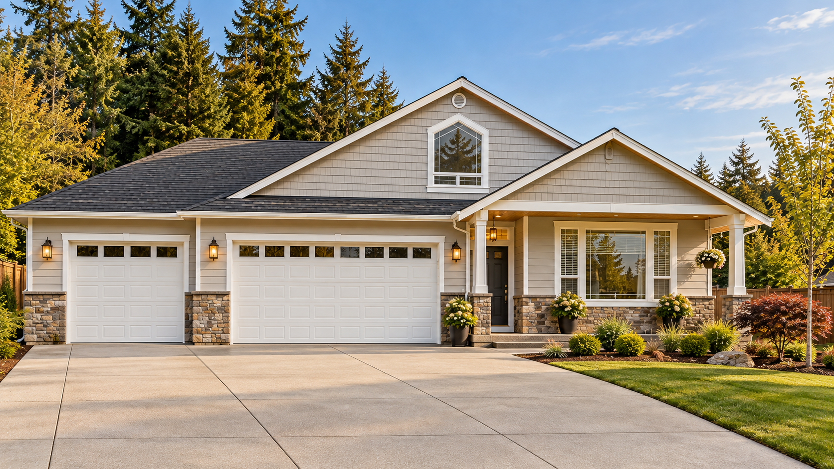 Suburban house with two white garage doors, front porch, and landscaped yard under a blue sky