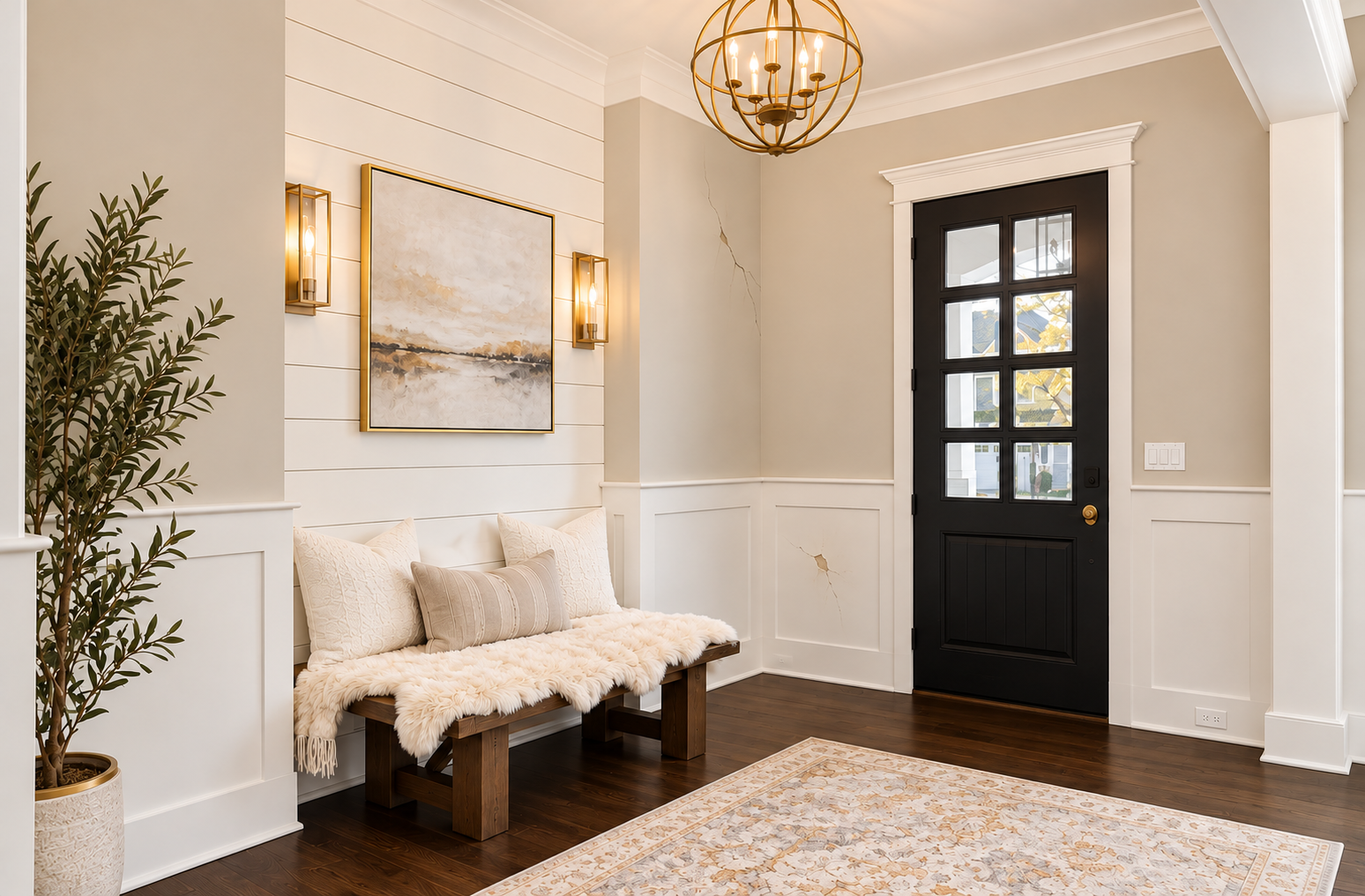 Bright entryway with a black front door, white walls, bench, wall art, and a woven rug.