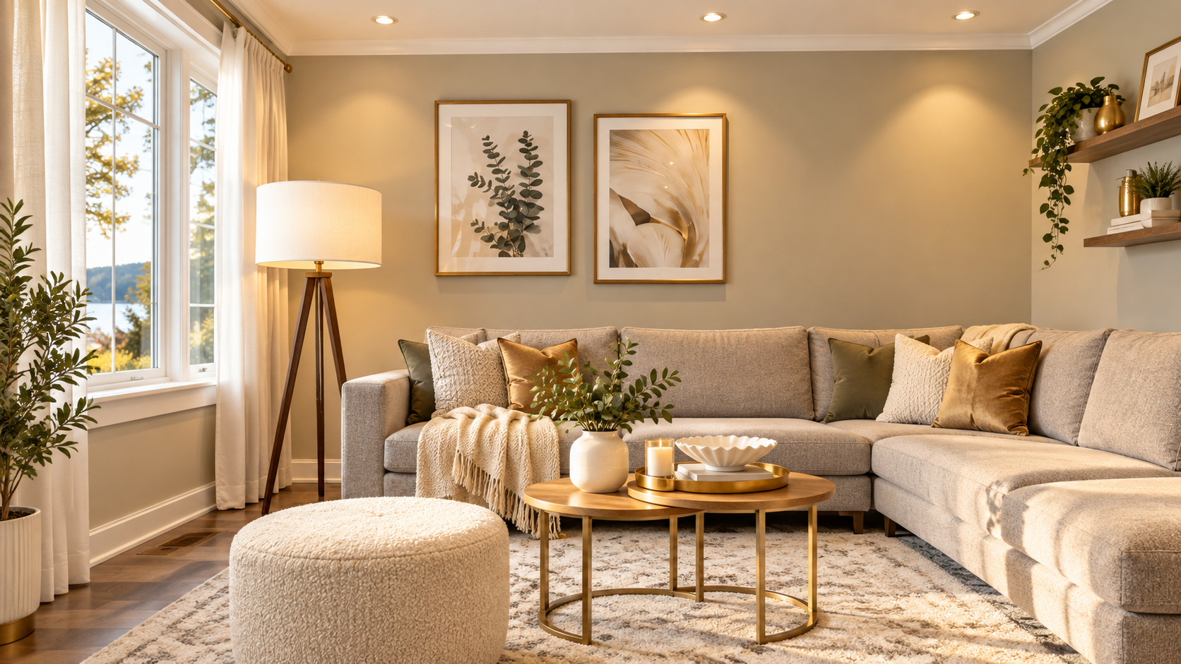 Bright neutral living room with beige sectional, round coffee tables, framed art, and a floor lamp by the window