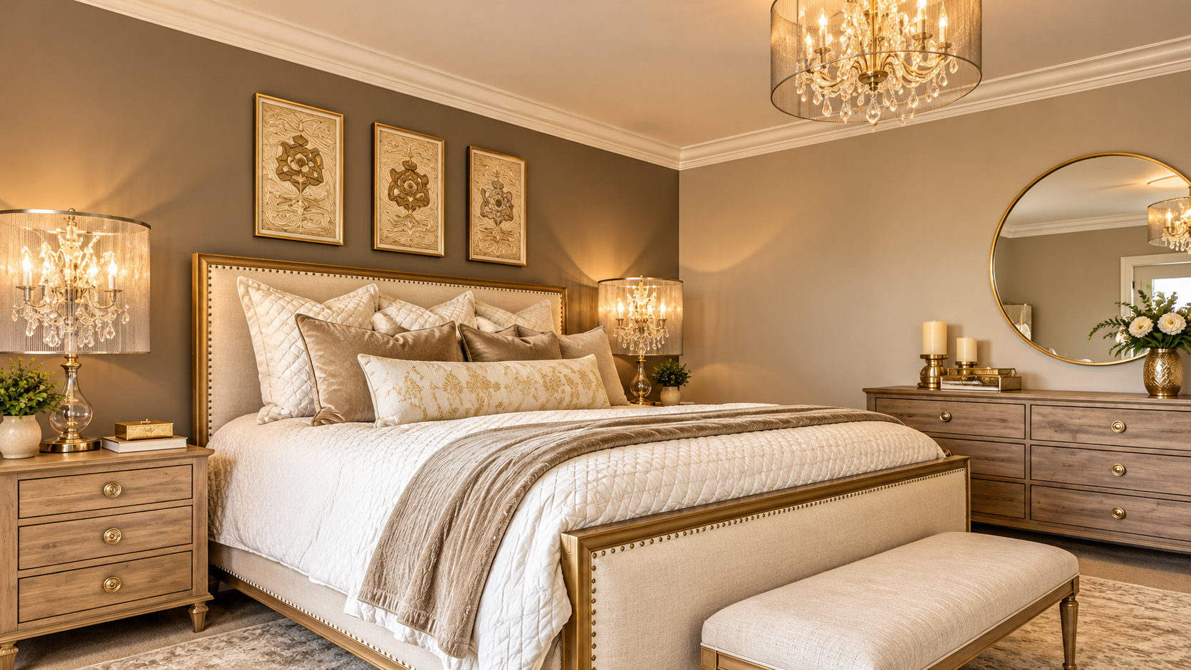 Elegant bedroom with a large upholstered bed, matching nightstands, chandelier, and soft neutral decor