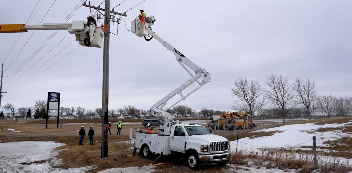 A white truck is parked in a snowy field next to a pole.