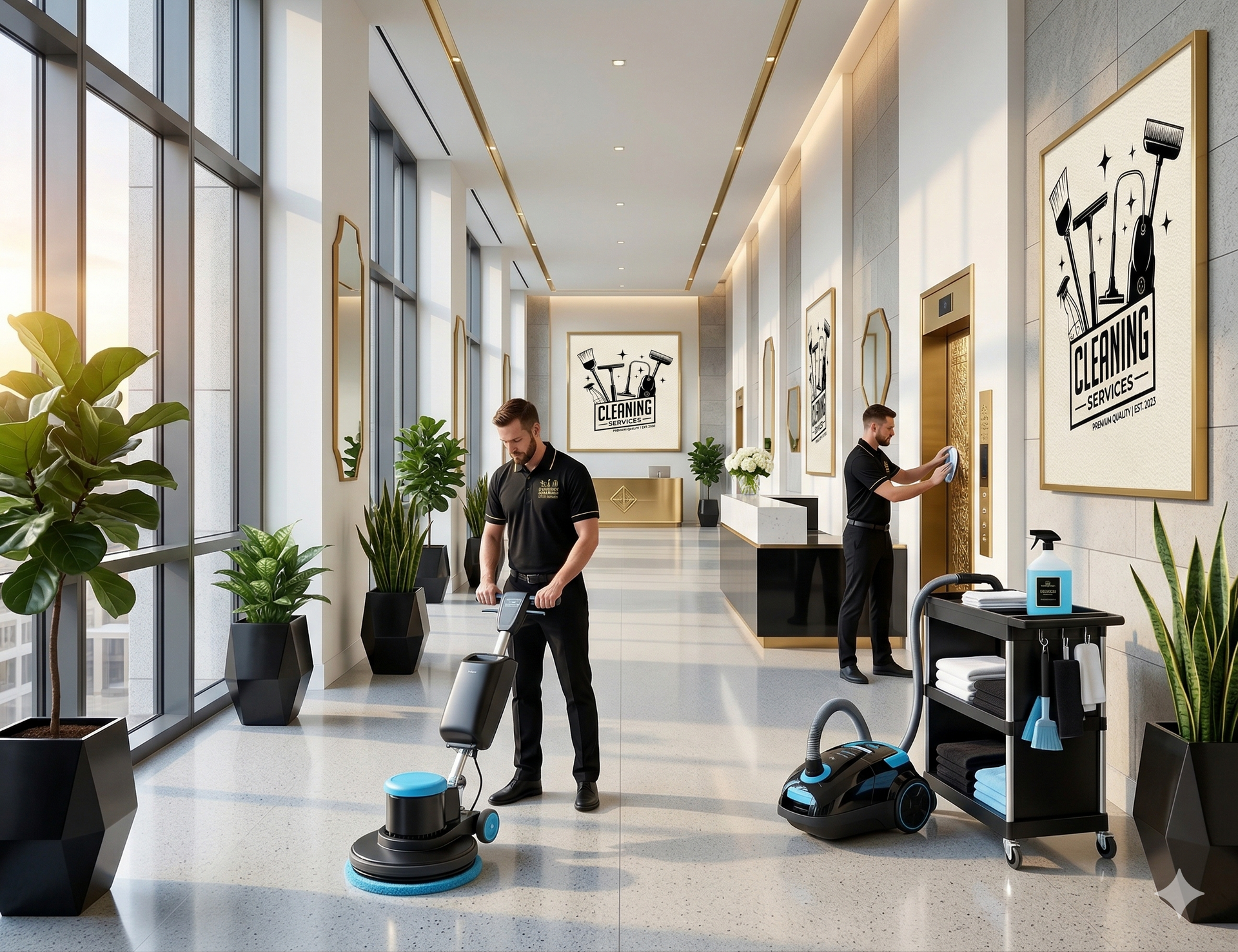 Two service workers clean a modern, sunlit lobby with a floor buffer, vacuum, and supply cart.