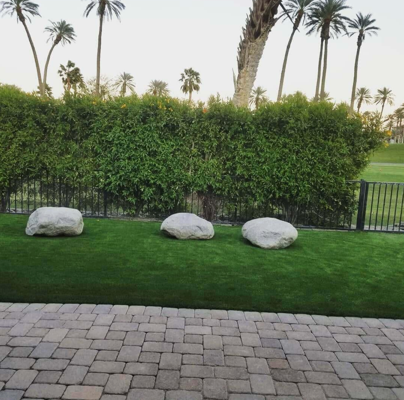 Three rocks on a lush green lawn with palm trees in the background