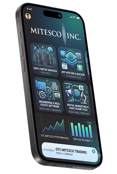 Angled smartphone displaying a dark finance dashboard with charts, cards, and the title “Mitescom Inc.”