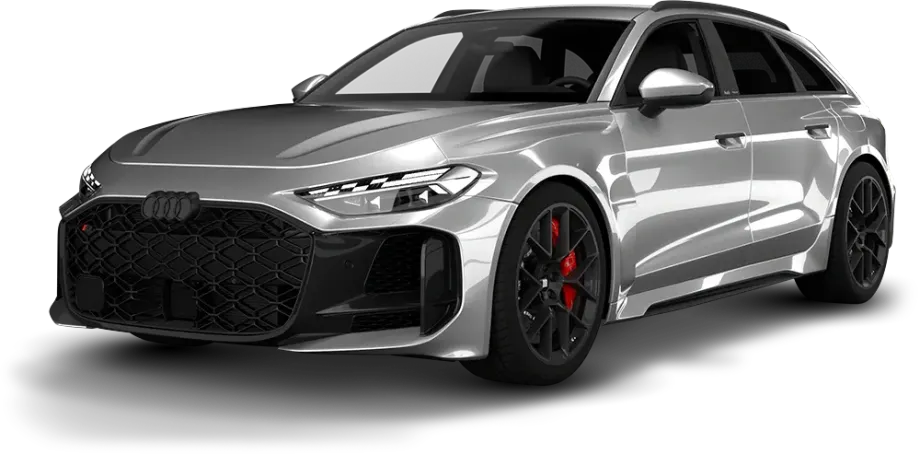 Silver sports sedan with black grille and red brake calipers, shown in a three-quarter front view on white background