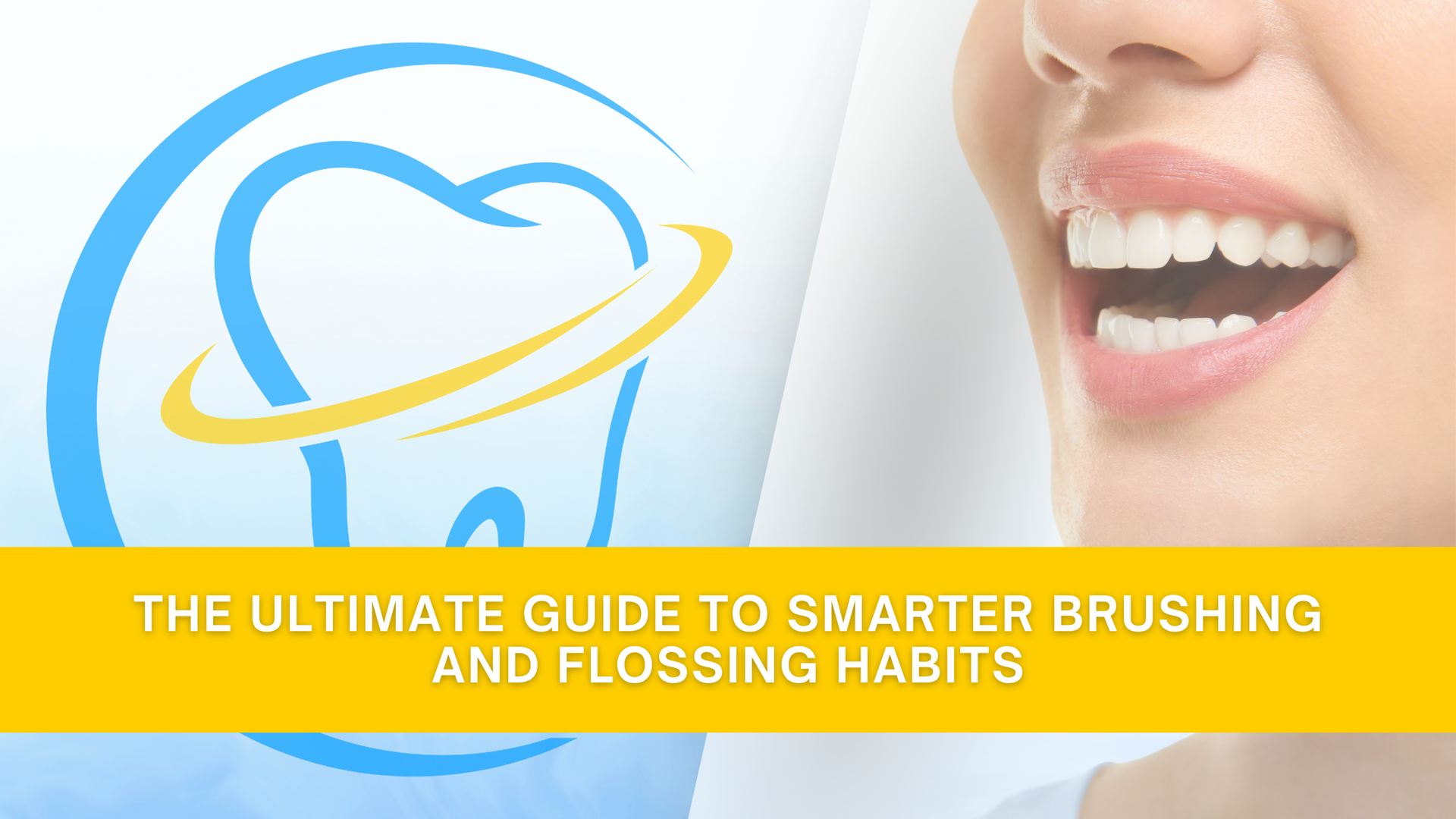 Smiling woman with white teeth; dental logo with text