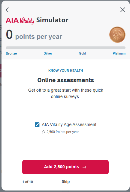 A screenshot of an aia vitality simulator with 0 points per year