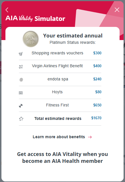A screenshot of an aia vitality simulator showing your estimated annual platinum status rewards