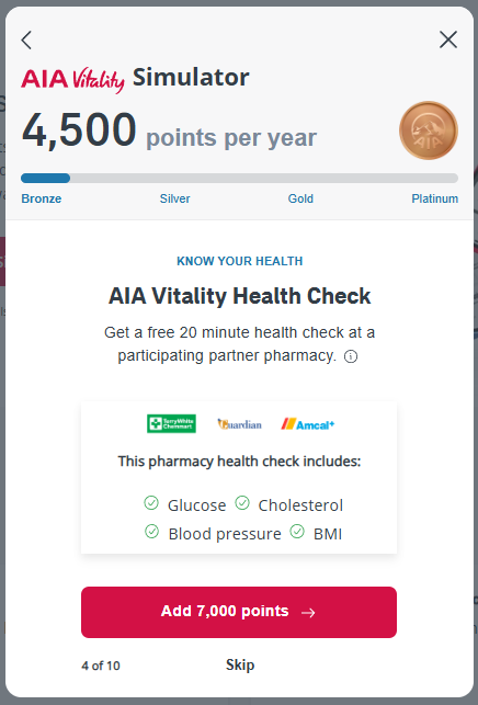A screenshot of an aia vitality health check app.