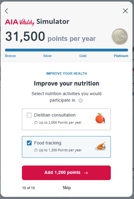 A screenshot of aia vitality simulator showing 31,500 points per year