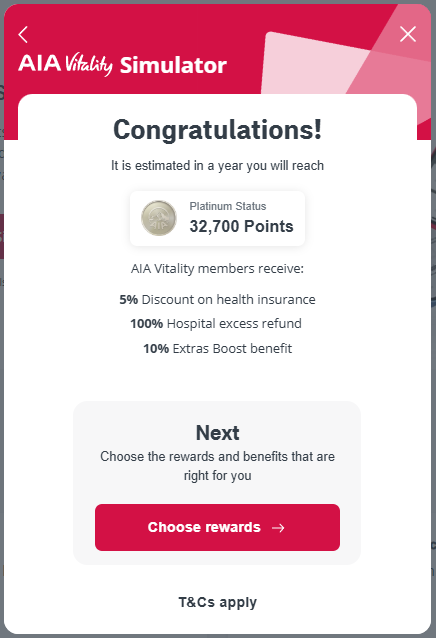 A screenshot of an aia vitality simulator that says congratulations