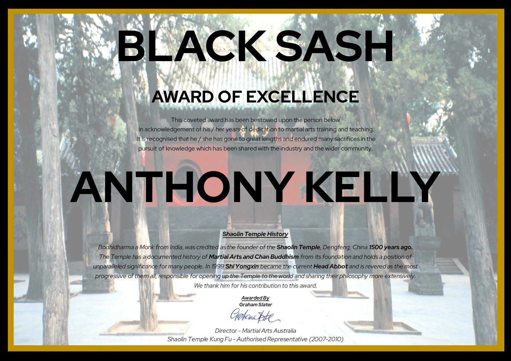 A black sash award of excellence for anthony kelly