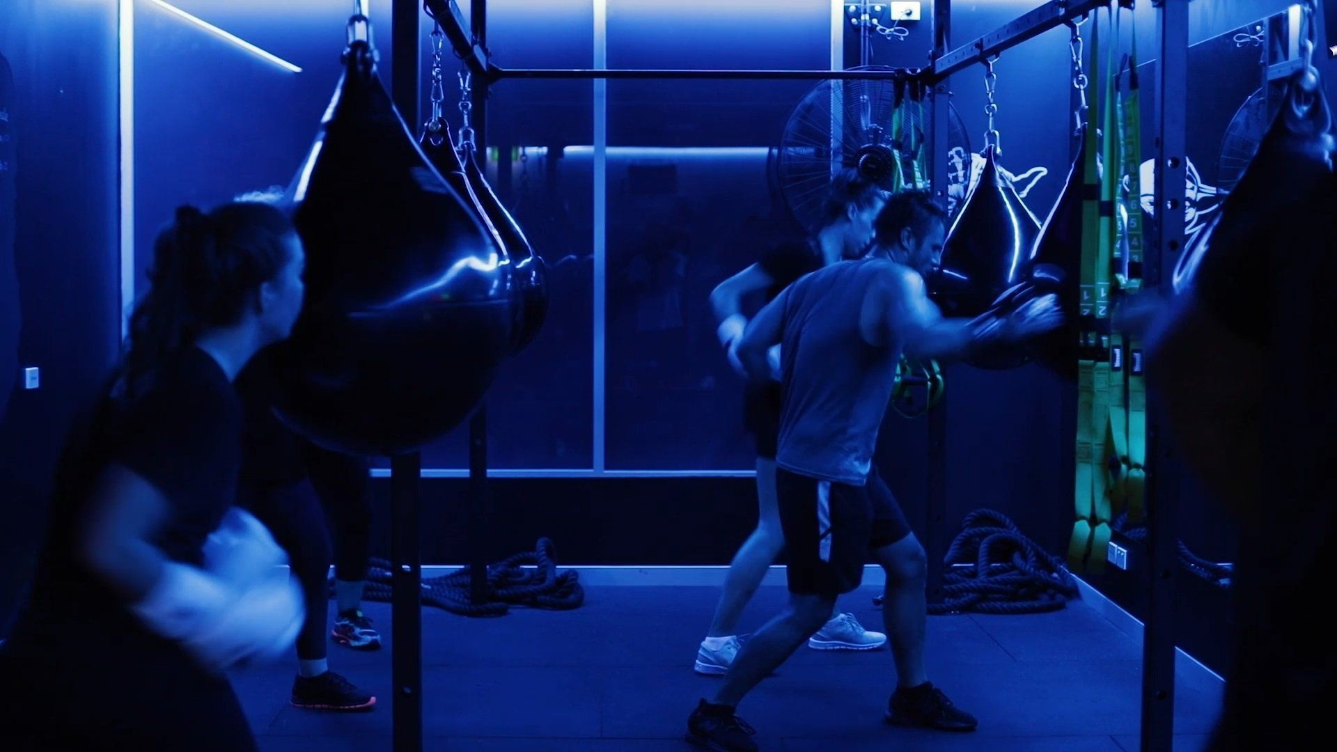A group of people are boxing in a gym with blue lights.