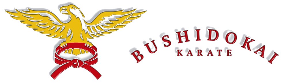 A logo for bushidokai karate with a bird and a red belt