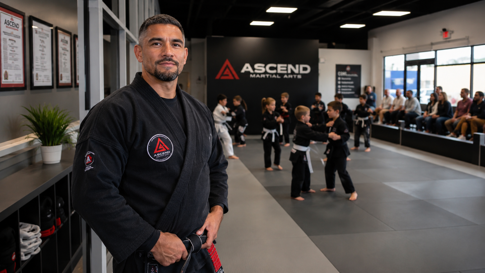 Martial arts instructor in black gi standing in gym while students practice on mats behind him
