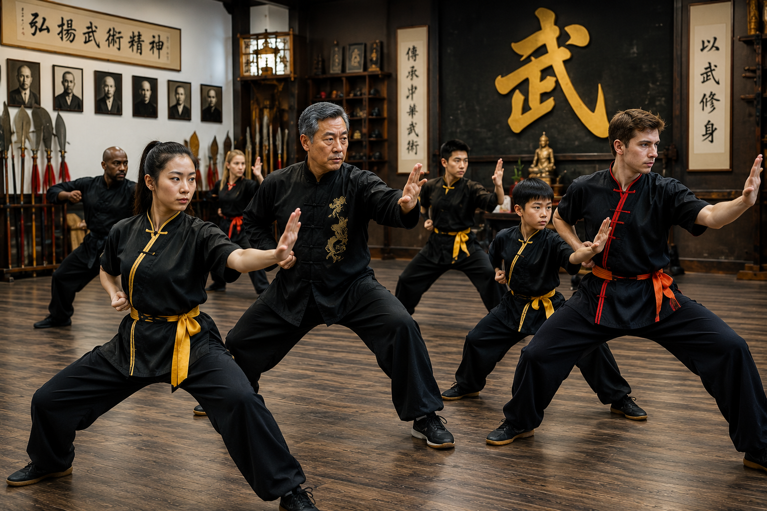 Martial arts class in black uniforms practicing synchronized stances in a traditional dojo
