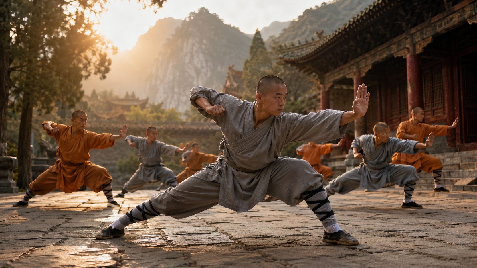 Martial arts trainees in gray and orange uniforms practice lunges in a temple courtyard at sunrise