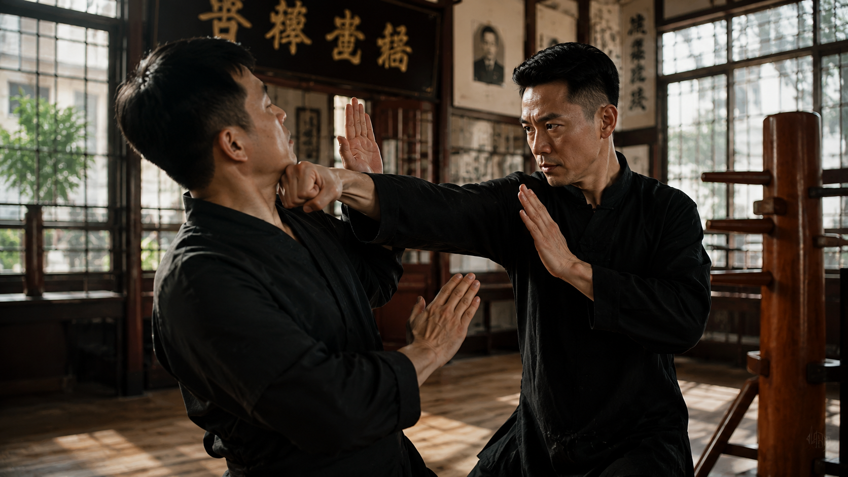 Two men spar in a martial arts studio, one blocking a punch in a sunlit room with wooden floors.