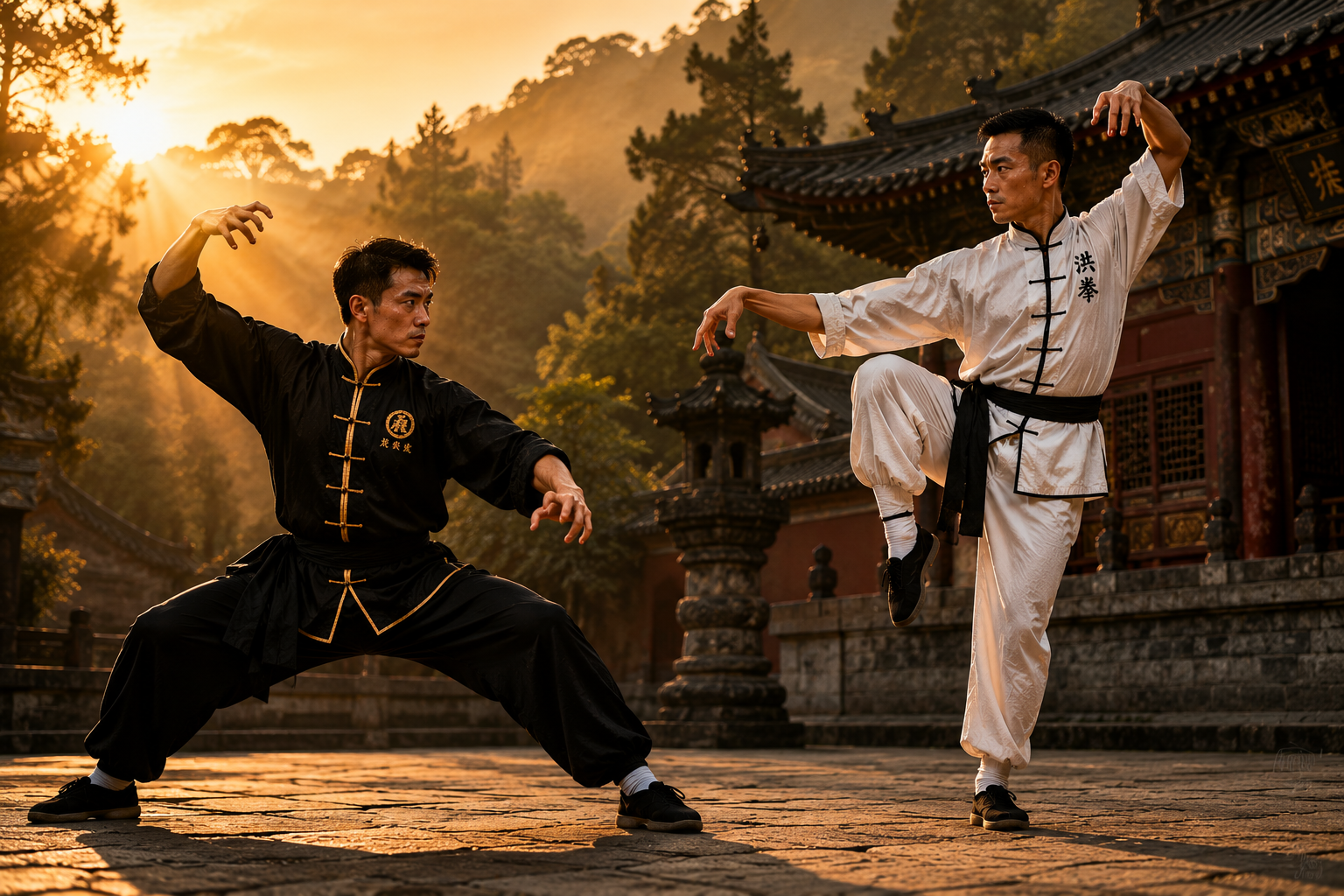 Two martial artists in black and white uniforms spar in a temple courtyard at sunset.