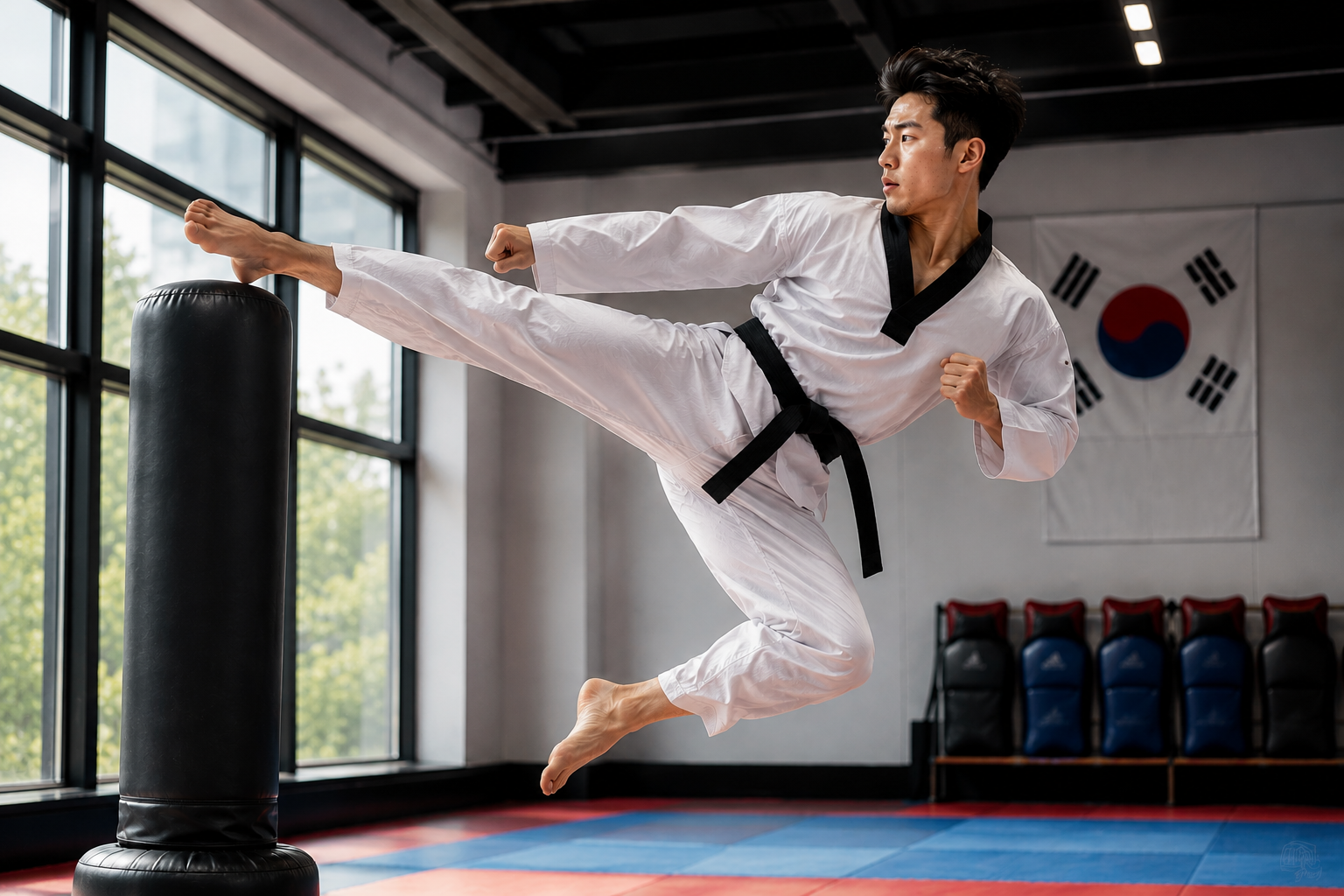 Martial artist in white gi and black belt performing a flying side kick in a dojo