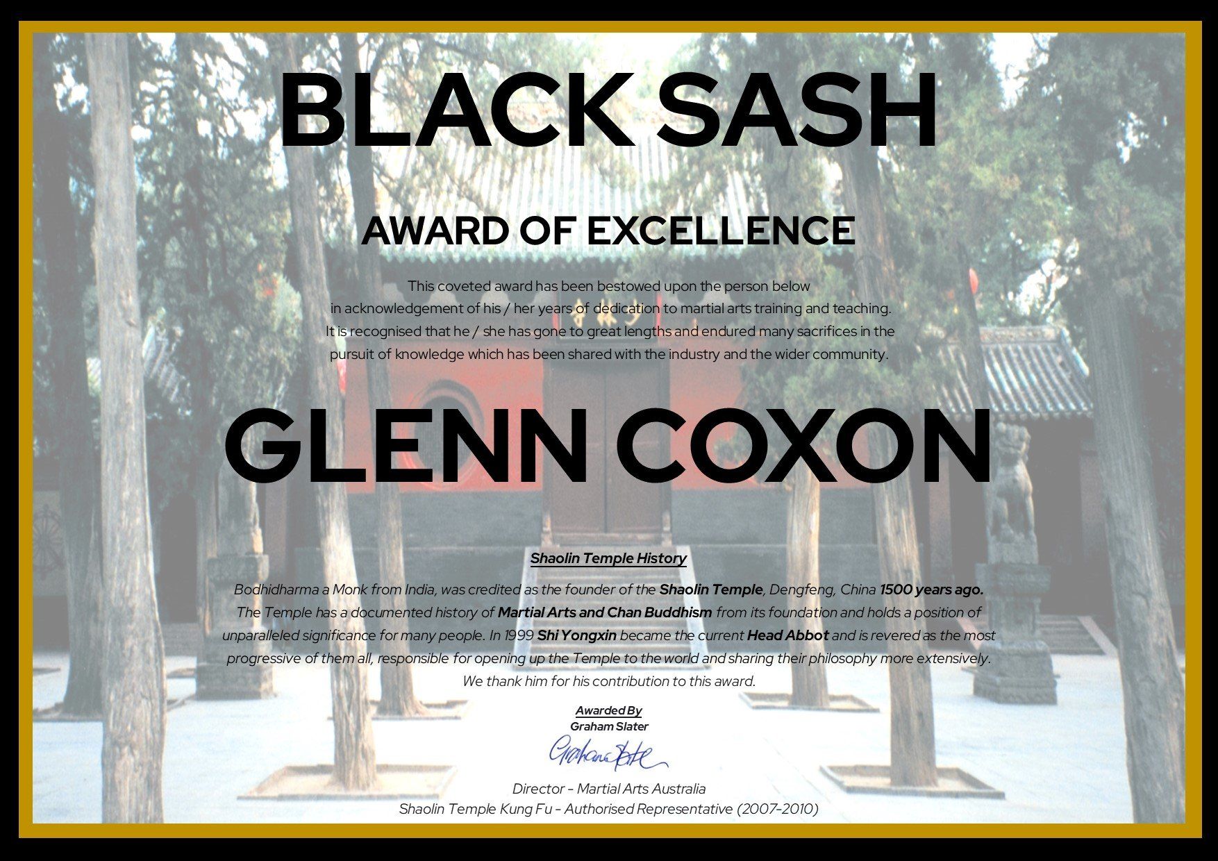A black sash award of excellence certificate for glenn coxon