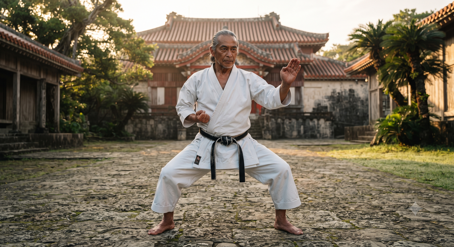 Martial artist in white gi practicing stance in a temple courtyard