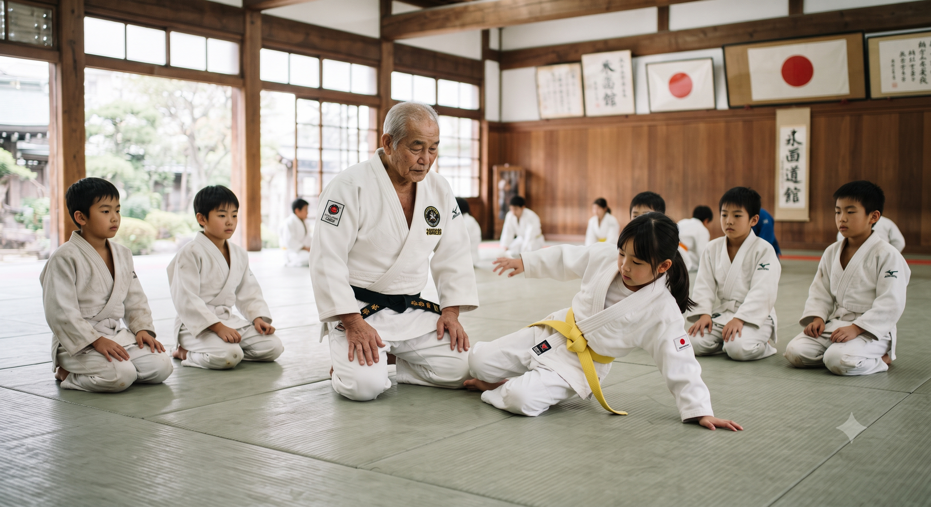 Martial arts class with instructor guiding students on tatami mats in a dojo
