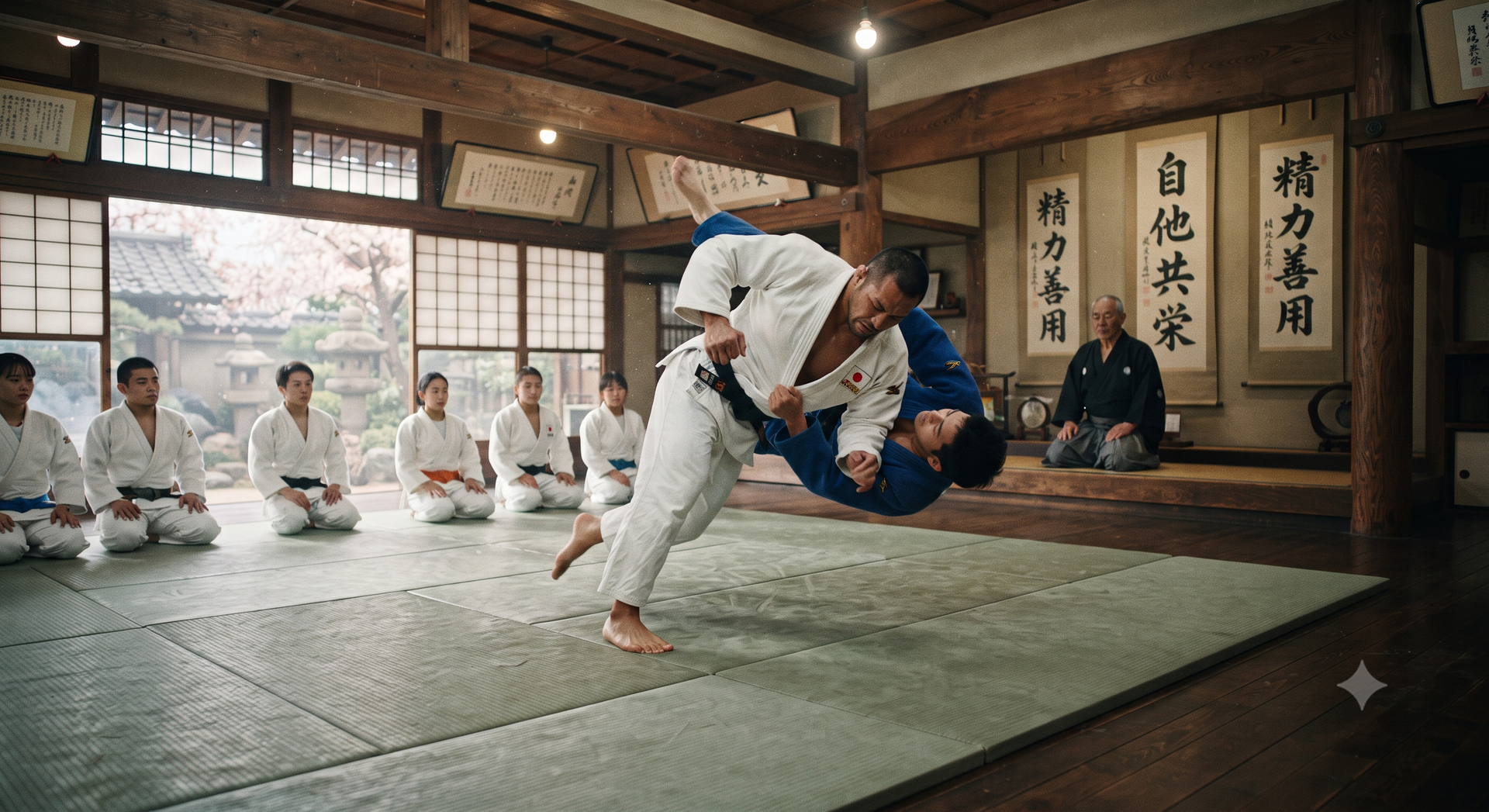 Judo practice in a dojo, with one athlete throwing another as others watch from the mat.